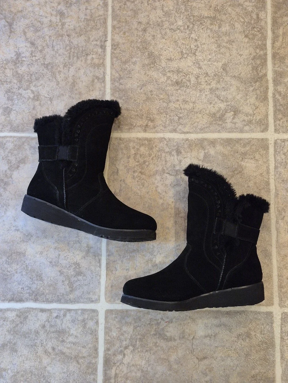 Skechers Keepsakes Wedge Cozy Peak Black Leather Ankle Boots Size 7.5